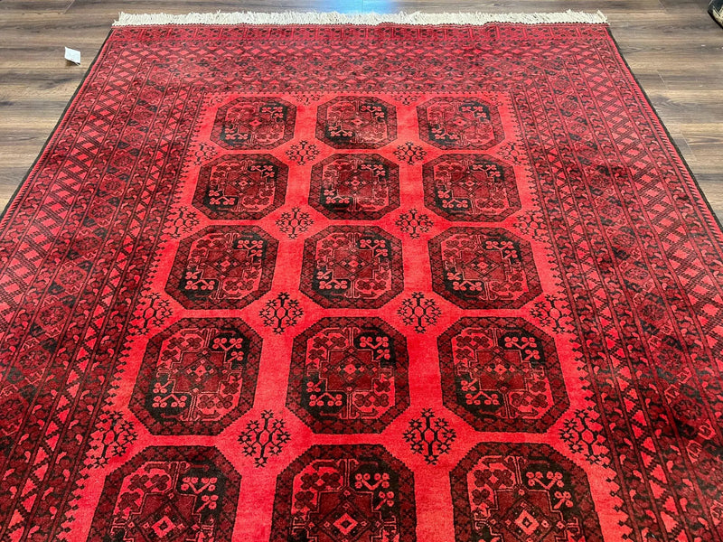 Afghan Turkoman Rug 7x10, Vintage Yamud Beshir Bokhara Carpet, Red and Black Bukhara Hand-Knotted Oriental Wool Handmade Rug, Elephant Foot by Jewel Rugs