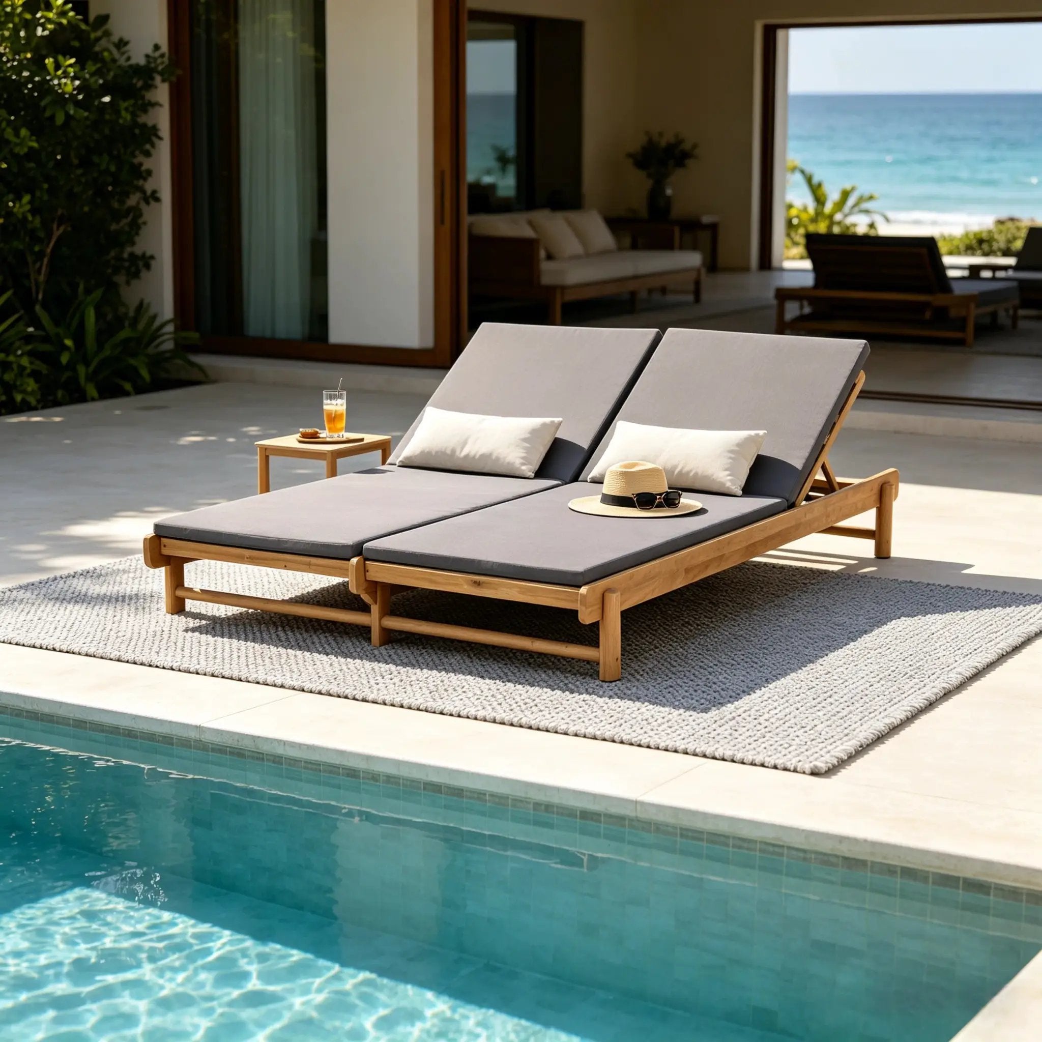 Light Teak Acacia Wood Double Chaise Lounger Set by HouseOfZazla