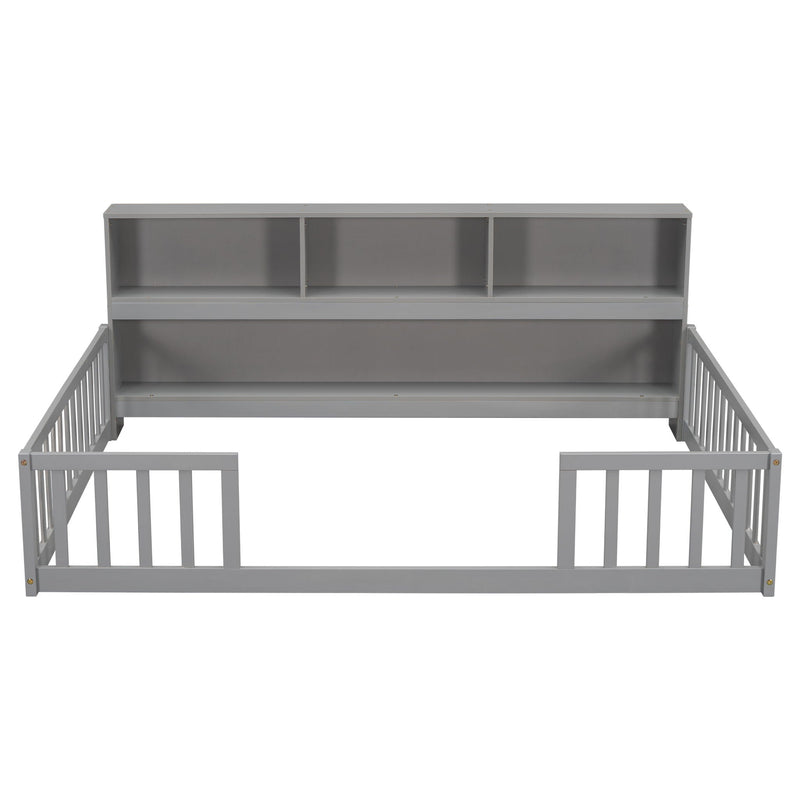 Floor Bed With Side Bookcase, Shelves, Guardrails by HouseOfZazla