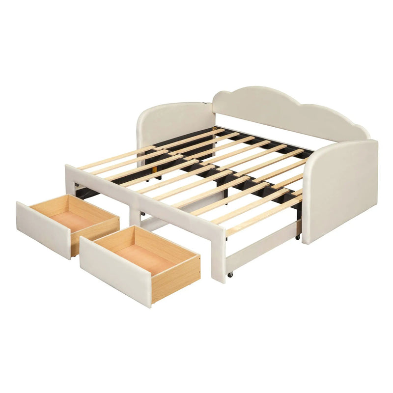 Upholstered Daybed With Cloud-Shaped Backrest, Trundle & 2 Drawers And USB Ports by HouseOfZazla