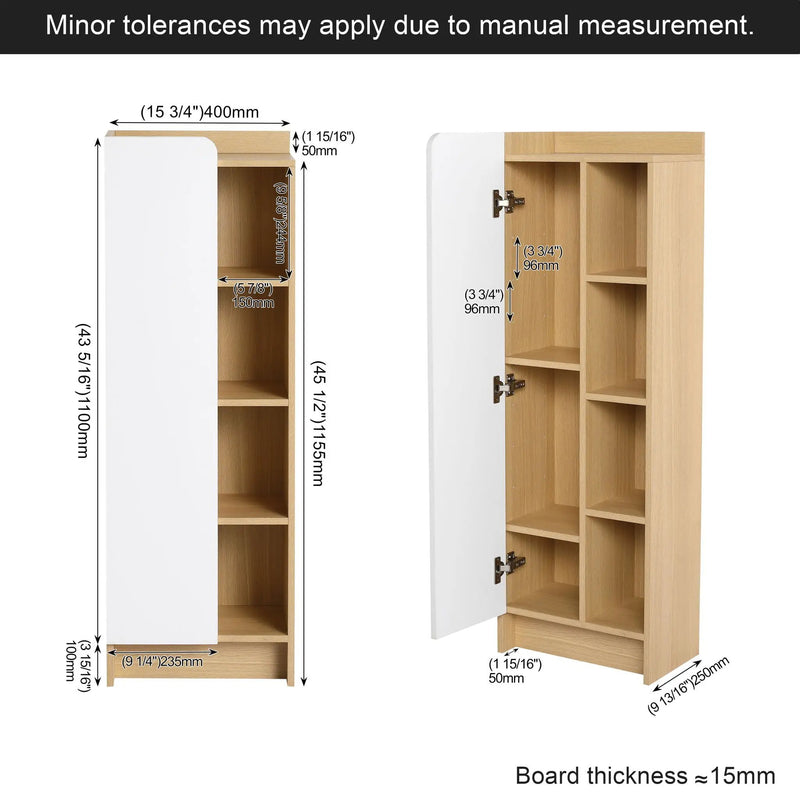 Tall Freestanding Bathroom Side Cabinet With Single Door & 4 Tier Open Shelves - Black / Light Oak / White by HouseOfZazla