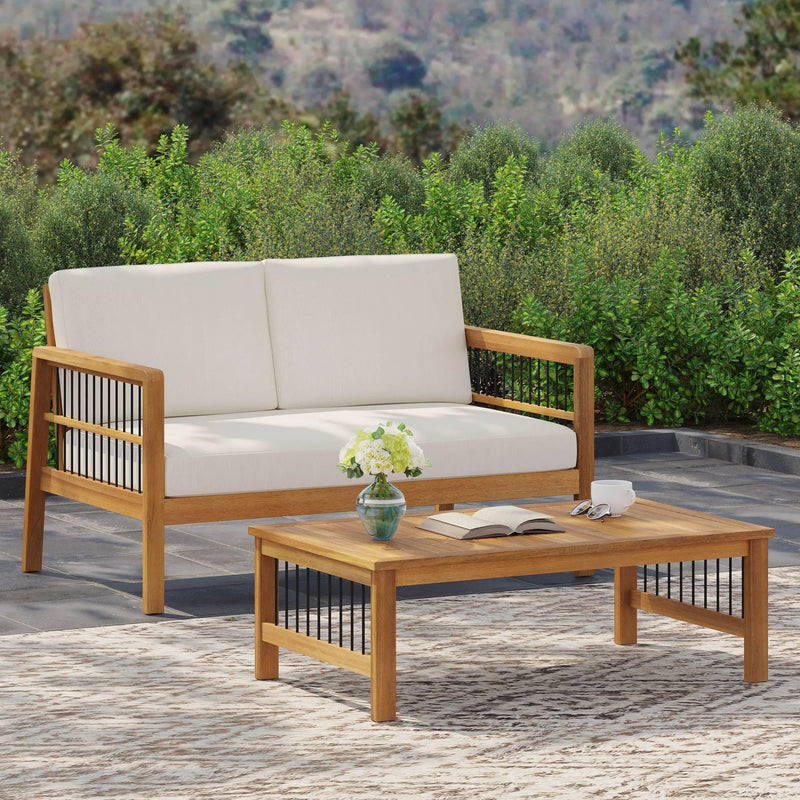 Outdoor Acacia Wood and Iron Loveseat and Coffee Table Set with Cushions, Teak by HouseOfZazla