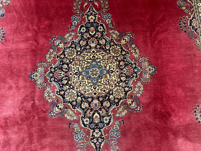 Persian Kashan Rug 9x12, Traditional, Semi Open Field, Red, Signed By Master Weaver, Antique Rug by Jewel Rugs