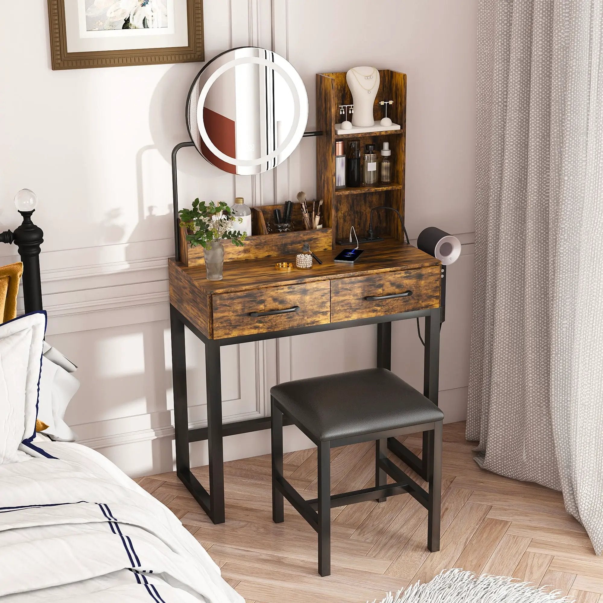 Makeup Vanity Table With LED Lights, 3 Color Options, Power Outlet by Unique Piece Furniture