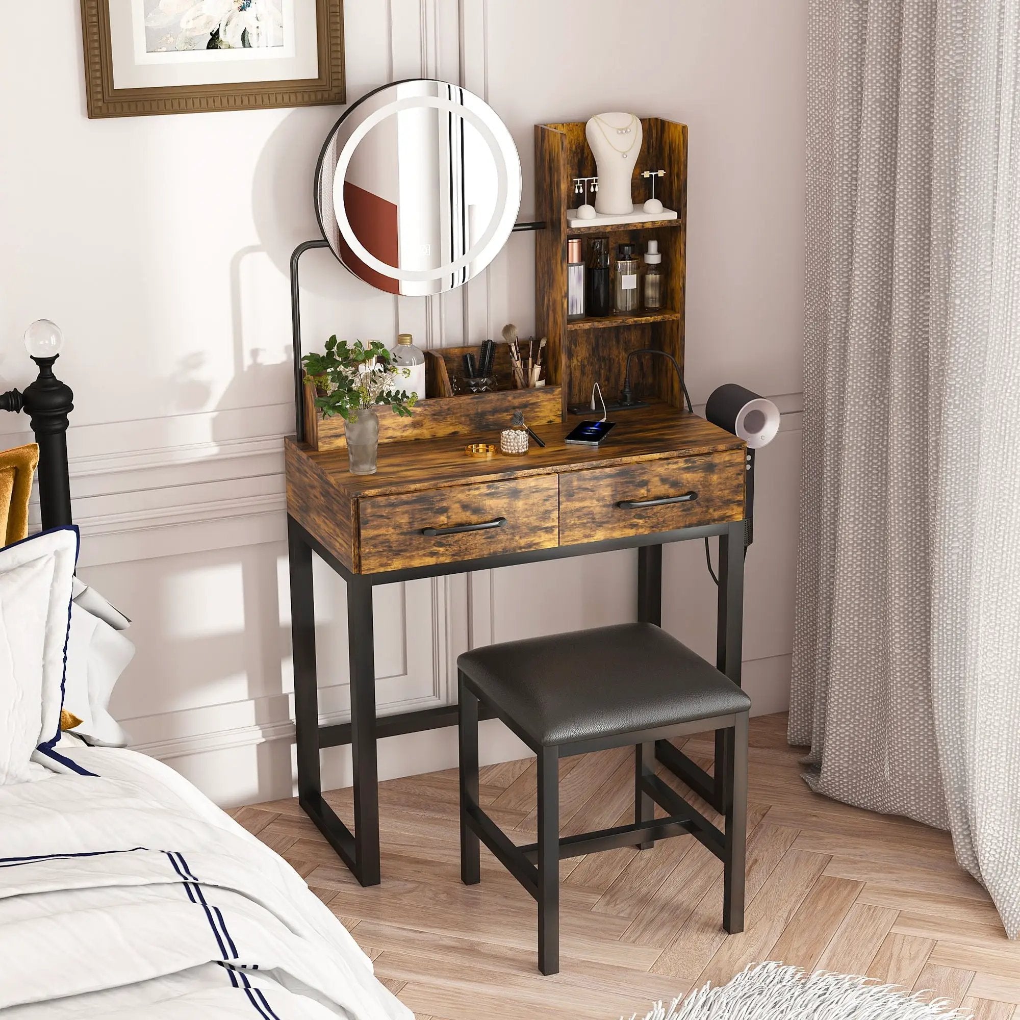 Makeup Vanity Table With LED Lights, 3 Color Options, Power Outlet by HouseOfZazla