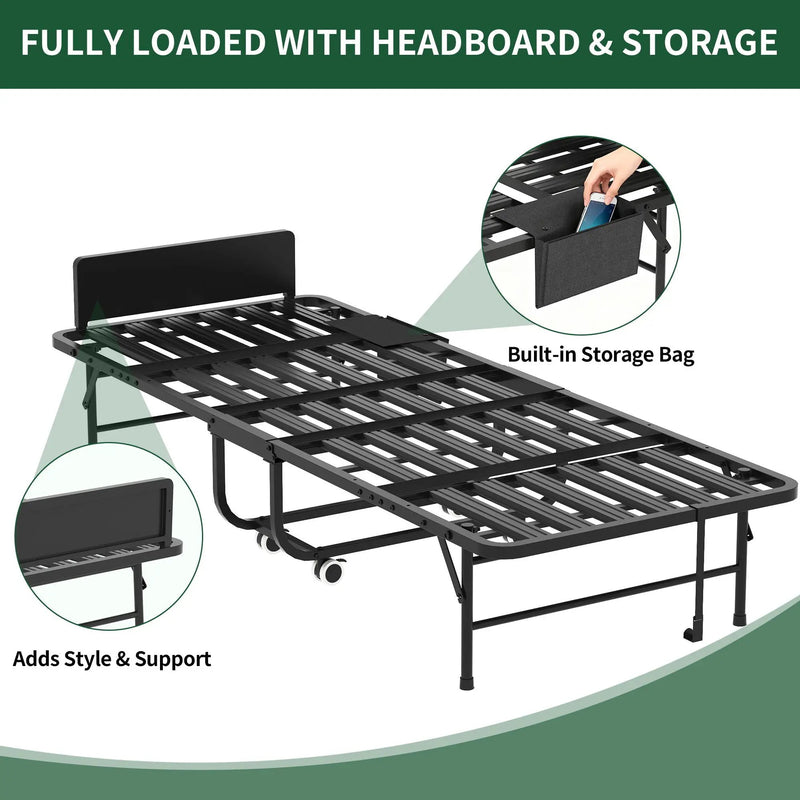 Twin Folding Bed With Adjustable Headboard & Memory Foam Mattress, Portable Coton Wheels For Tall People, Space-Saving Guest Bed - Black by HouseOfZazla