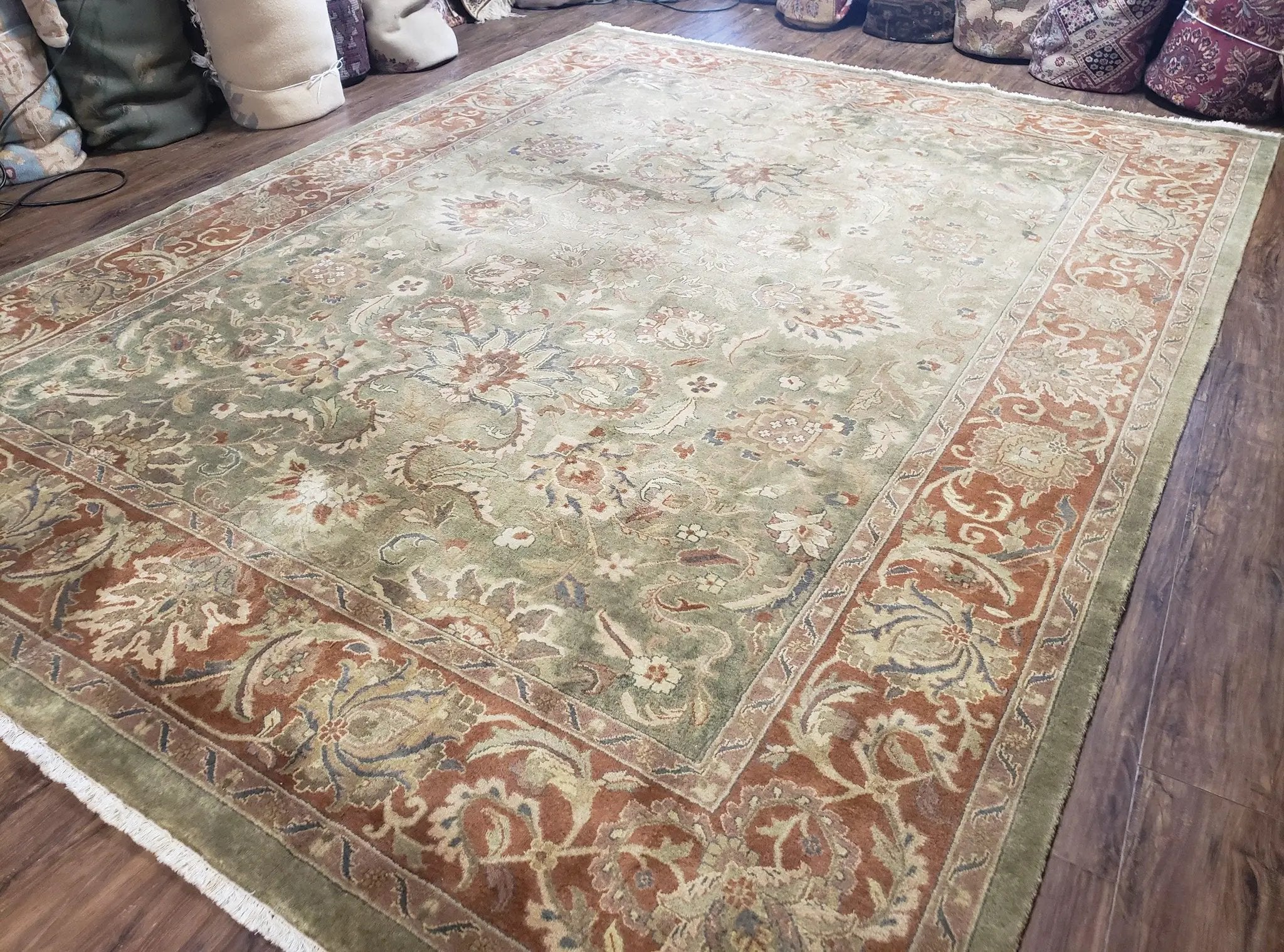 Green Indo Mahal Area Rug 9x12, Wool Hand-Knotted Carpet by Jewel Rugs