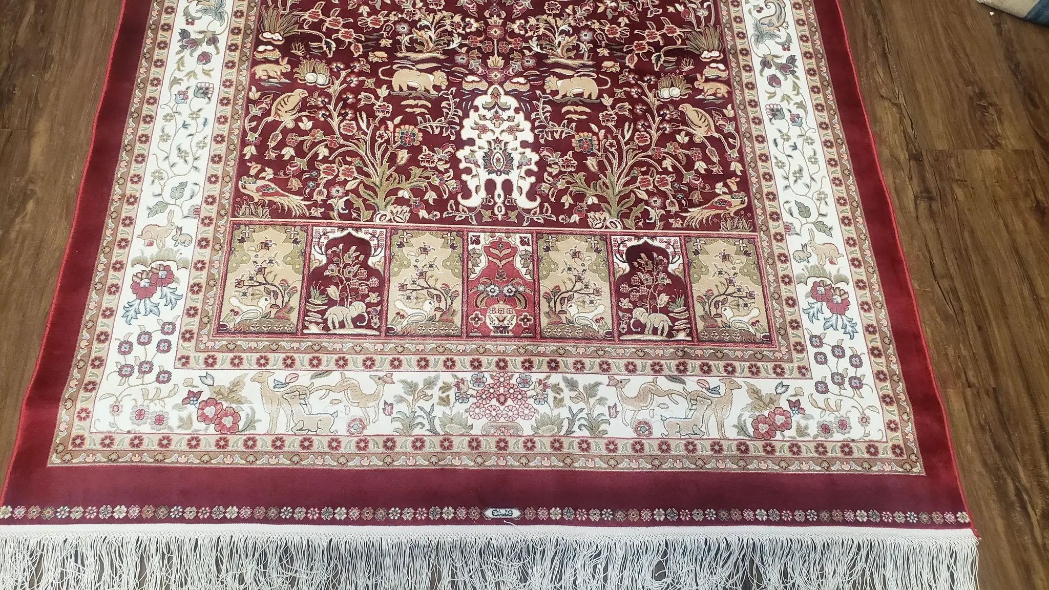 Silk Carpet 4x6 Dark Red & Cream, Tree of Life Rug, Animal Motifs, Birds Deer Rabbits, All Bamboo Silk, 4 x 6 Silk Area Rug by Jewel Rugs