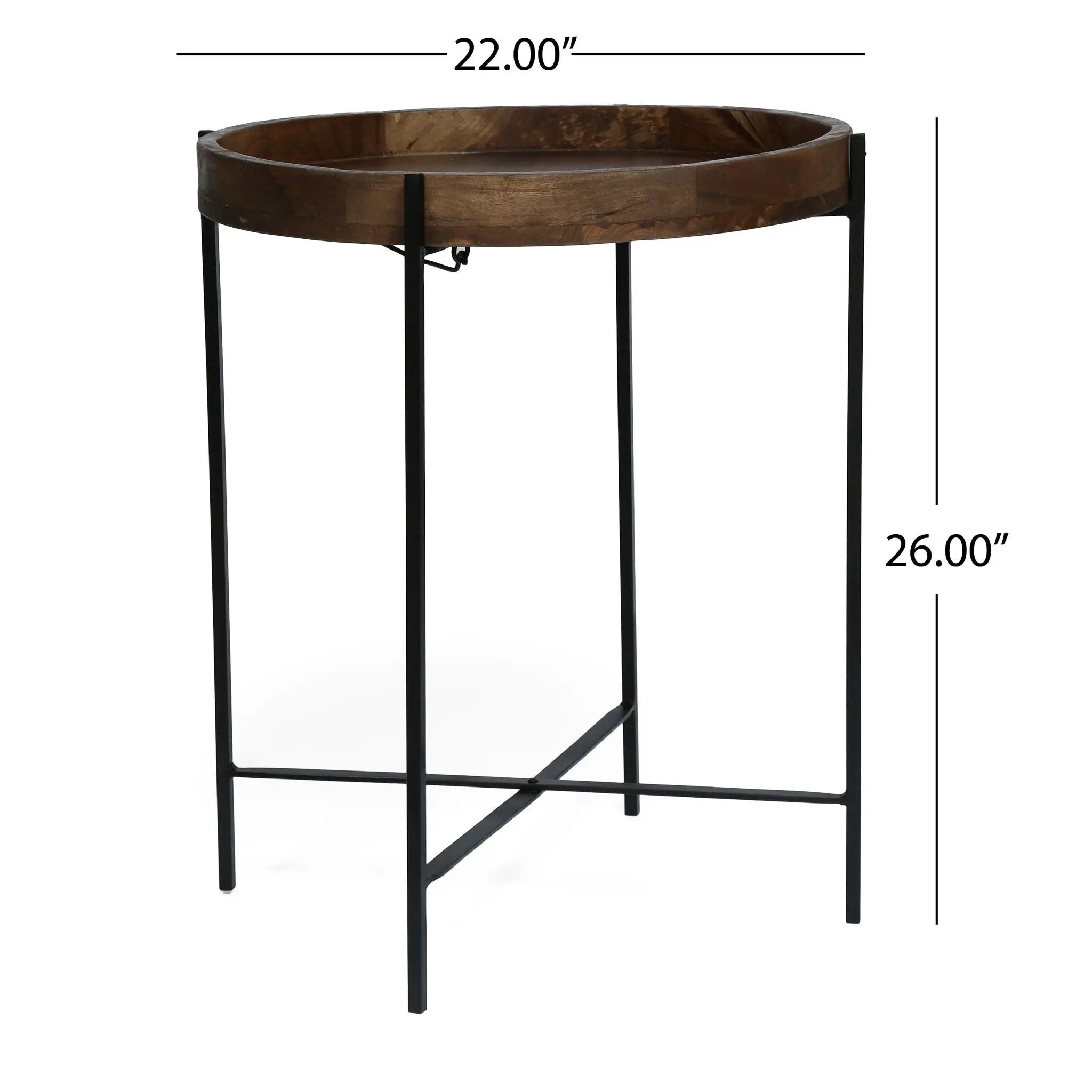 Modern Industrial Round End Table with Tray Top and Foldable Iron Legs - Natural by HouseOfZazla