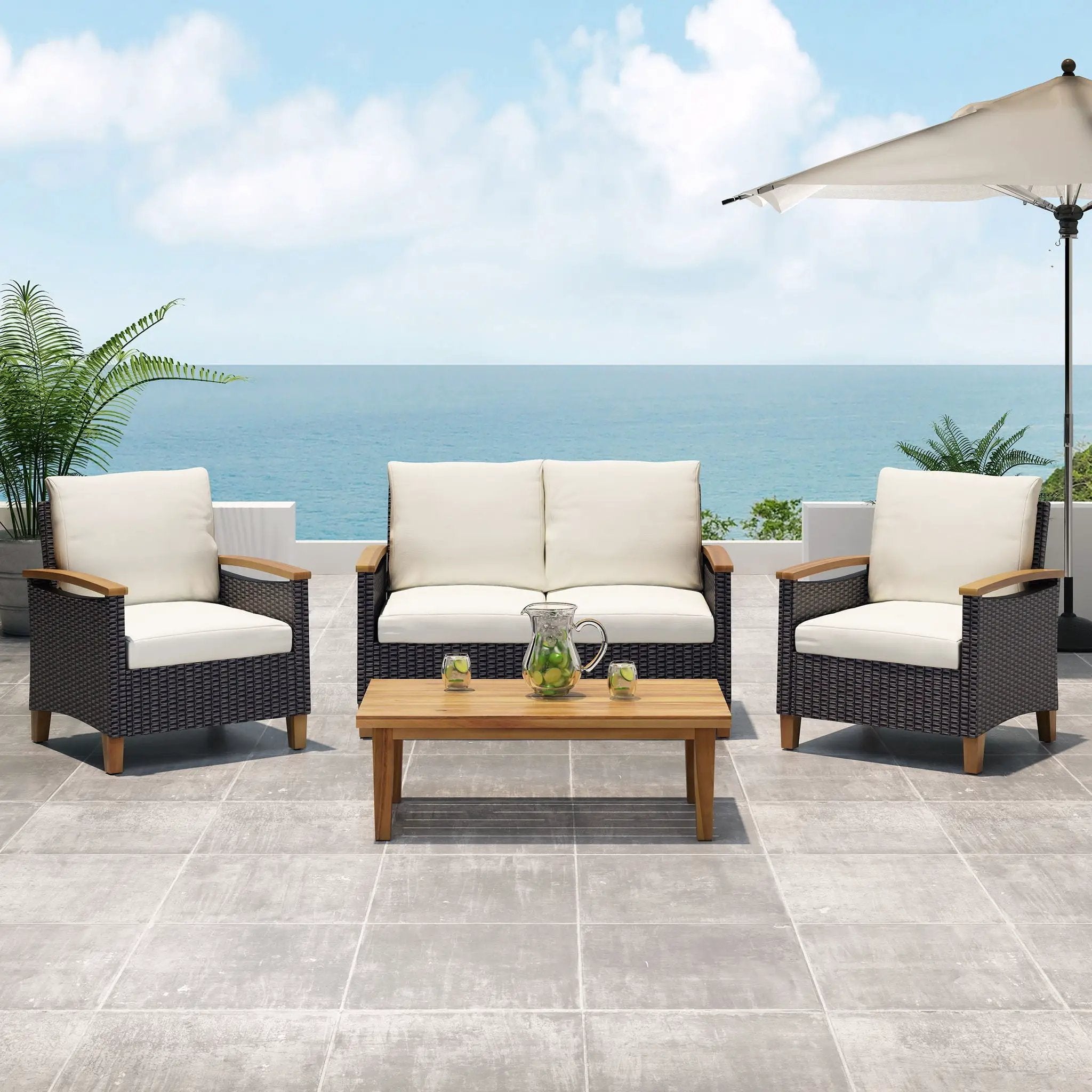 Isla Transitional Chat Set With Water Resistant Cushions - Teak by HouseOfZazla