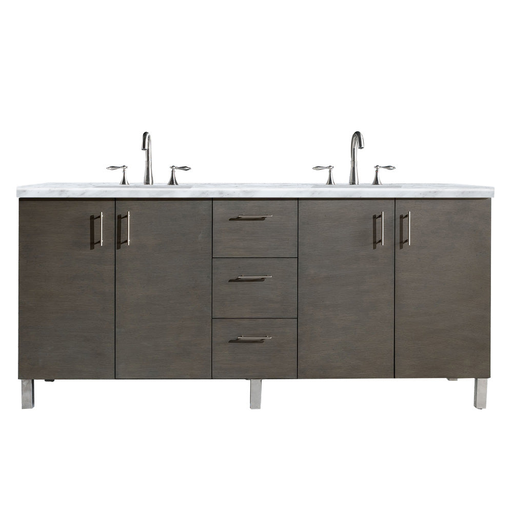 James Martin Metropolitan 72" Dual Mount Double Bathroom Vanity, Silver Oak with Carrara White countertop