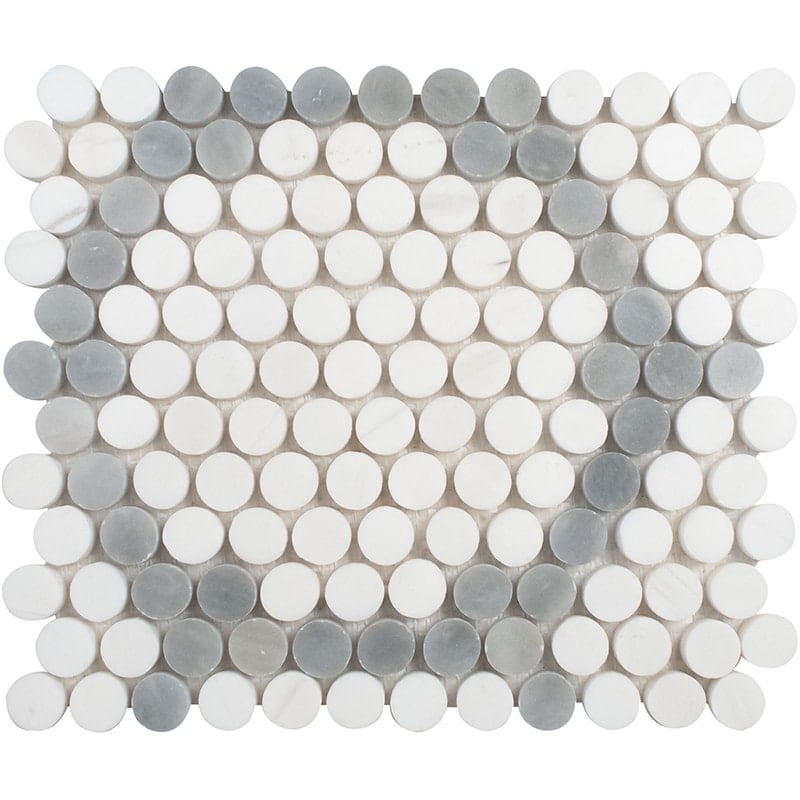 Bianco Dolomiti, Bardiglio Light Honed Penny Round 7 Marble Mosaics 8 7/16x10 1/16 Marble Honed 12x12 Mosaics