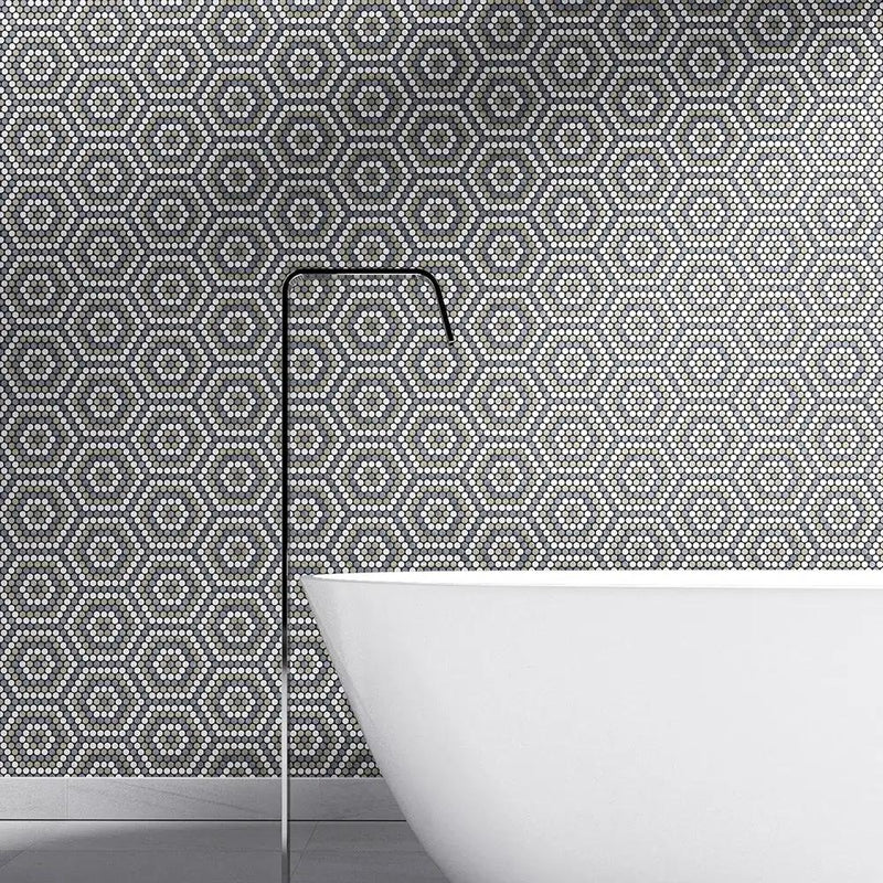 Bianco Dolomiti, Bardiglio Light, Thala Honed Penny Round 8 Marble Mosaics 9 1/4x9 29/64 room scene 2