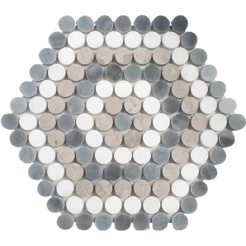 Bianco Dolomiti, Bardiglio Light, Thala Honed Penny Round 8 Marble Mosaics 9 1/4x9 29/64