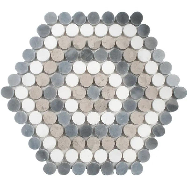 Bianco Dolomiti, Bardiglio Light, Thala Honed Penny Round 8 Marble Mosaics 9 1/4x9 29/64