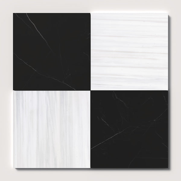 Bianco Dolomiti, Black Honed Checkerboard Pattern Marble Tiles 18x18
