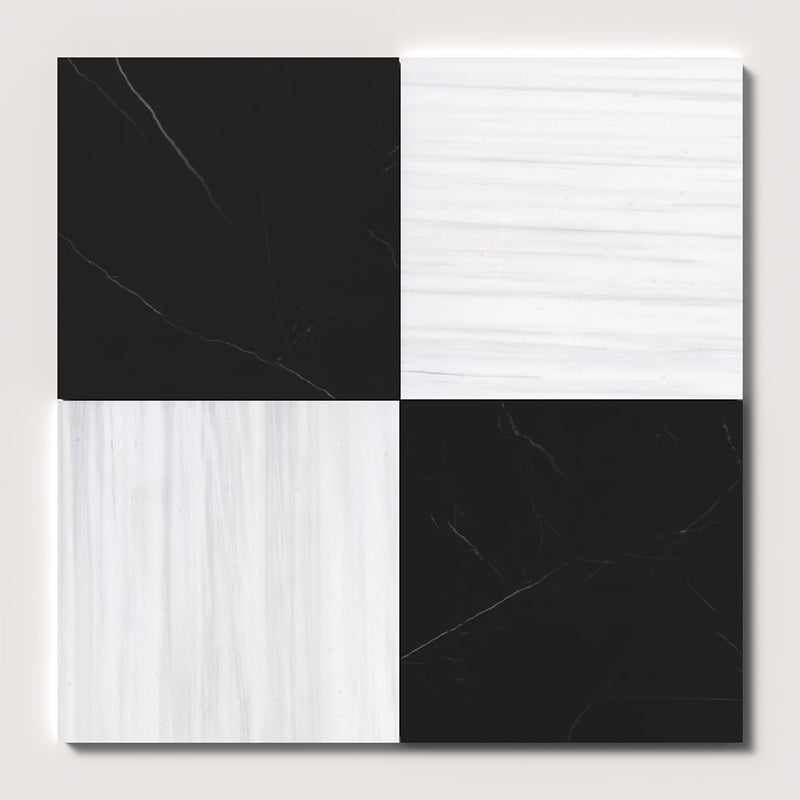Bianco Dolomiti, Black Honed Checkerboard Pattern Marble Tiles 18x18 Marble Honed 18x18 Tiles