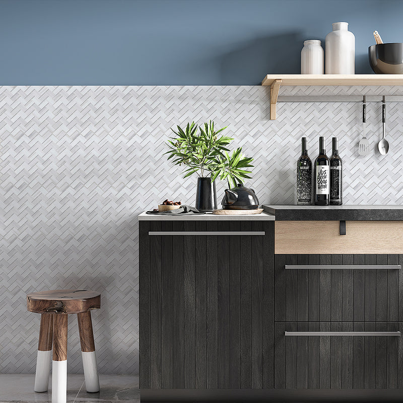 Bianco Dolomiti Polished Herringbone Marble Mosaics 12 1/8x13 3/8 Marble Polished 16x16 Mosaics — 2