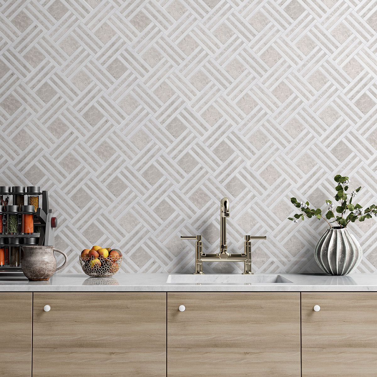 Bianco Dolomiti, Silver Mystique Multi Finish Maze Basket Marble Mosaics 14 15/16x17 11/16 Marble Multi Finish 18x18 Mosaics — 2