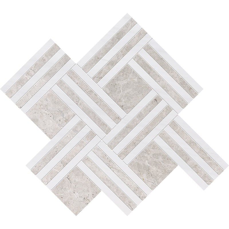 Bianco Dolomiti, Silver Mystique Multi Finish Maze Basket Marble Mosaics 14 15/16x17 11/16 Marble Multi Finish 18x18 Mosaics