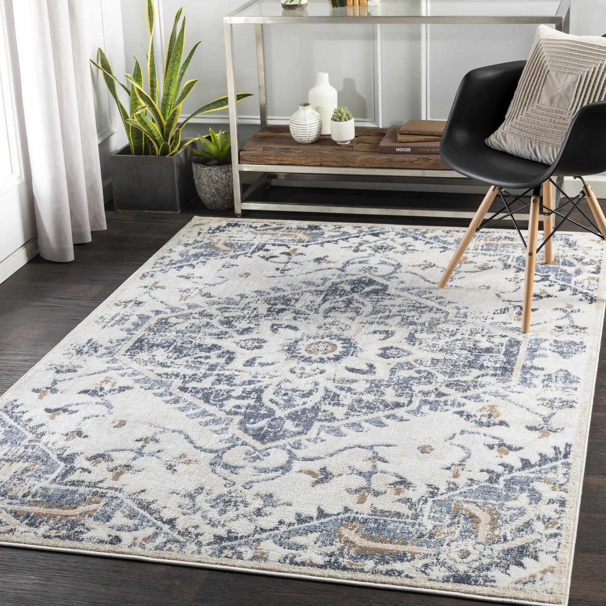 Biggleswade Denim Medallion Area Rug, installed in a room
