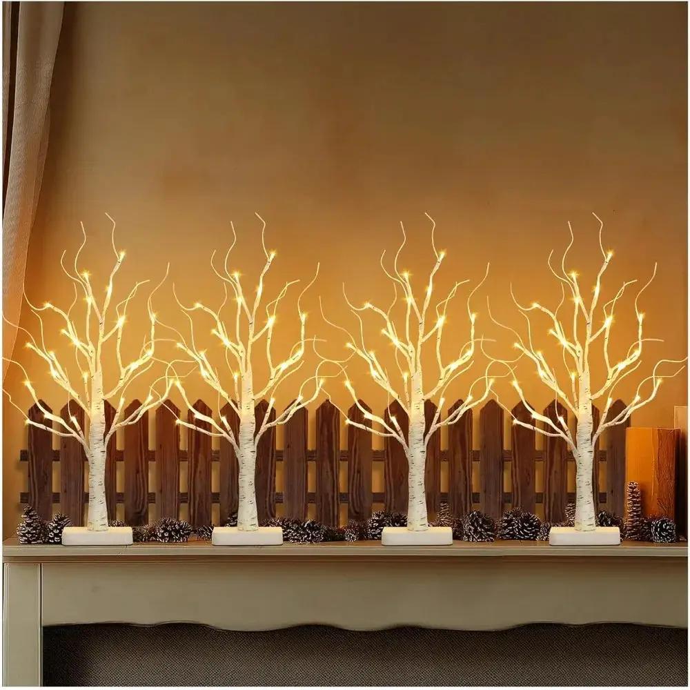 Birch Tree LED Lights 4-Pack, Battery Operated Wooden String Lights by House Of Avana