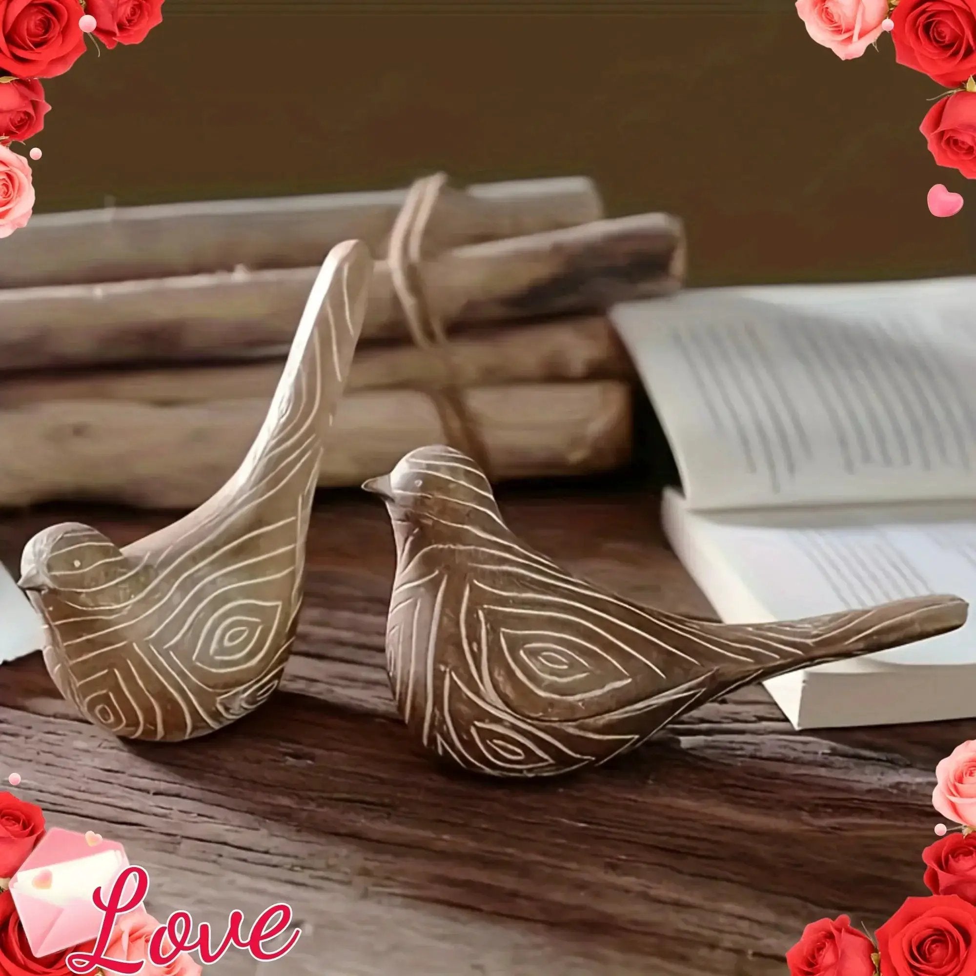 Bird Statues - Decorative Wood Grain Lovebirds by House Of Avana