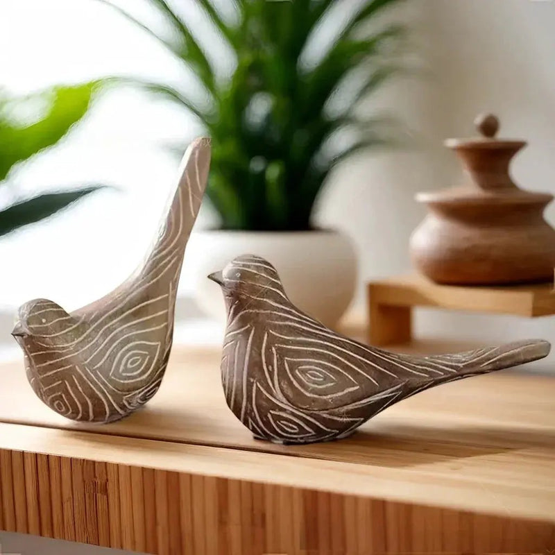 Bird Statues - Decorative Wood Grain Lovebirds by House Of Avana