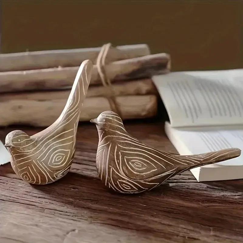 Bird Statues - Decorative Wood Grain Lovebirds by House Of Avana