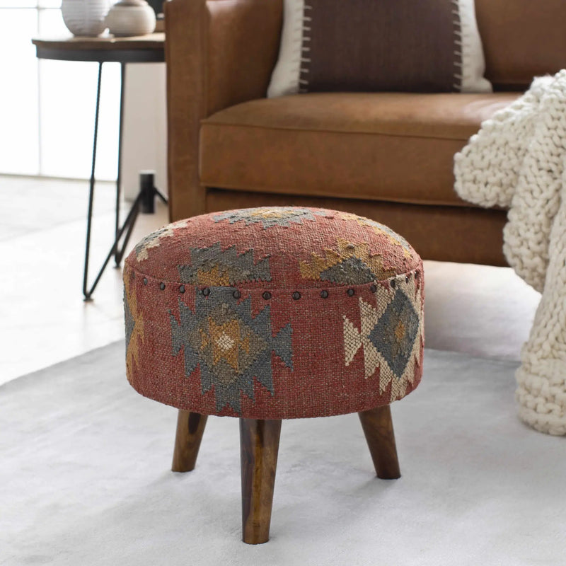 Brick Red Wood Frame Ottoman Stool by Boutique Rugs