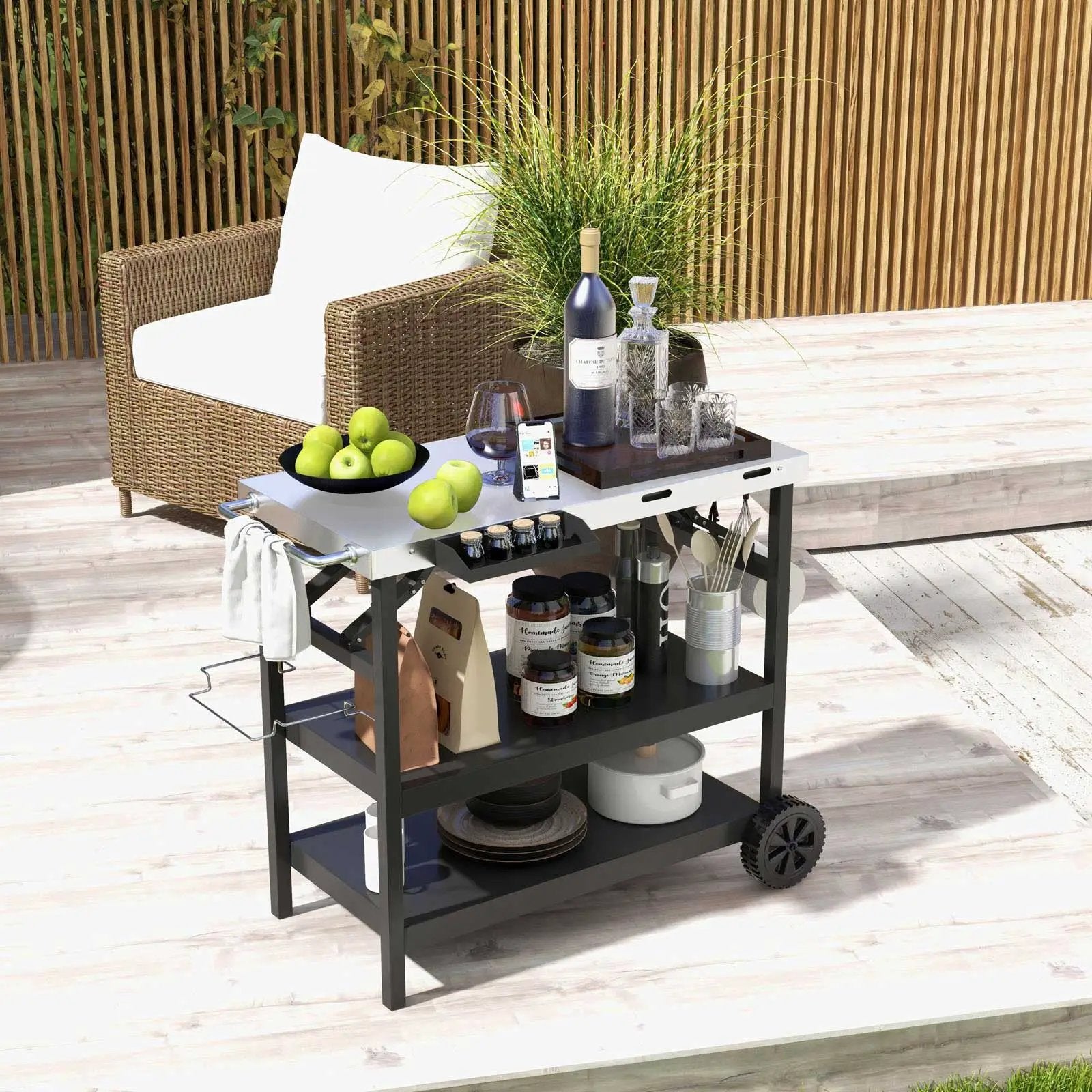 3 Tiers Foldable Outdoor Cart on 2 Wheels with Phone Holder-Black by DirectDeals