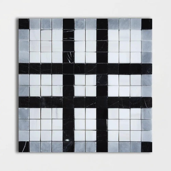 Black, Bianco Dolomiti, Afyon Gray Multi Finish Checker Marble Mosaics 12x12
