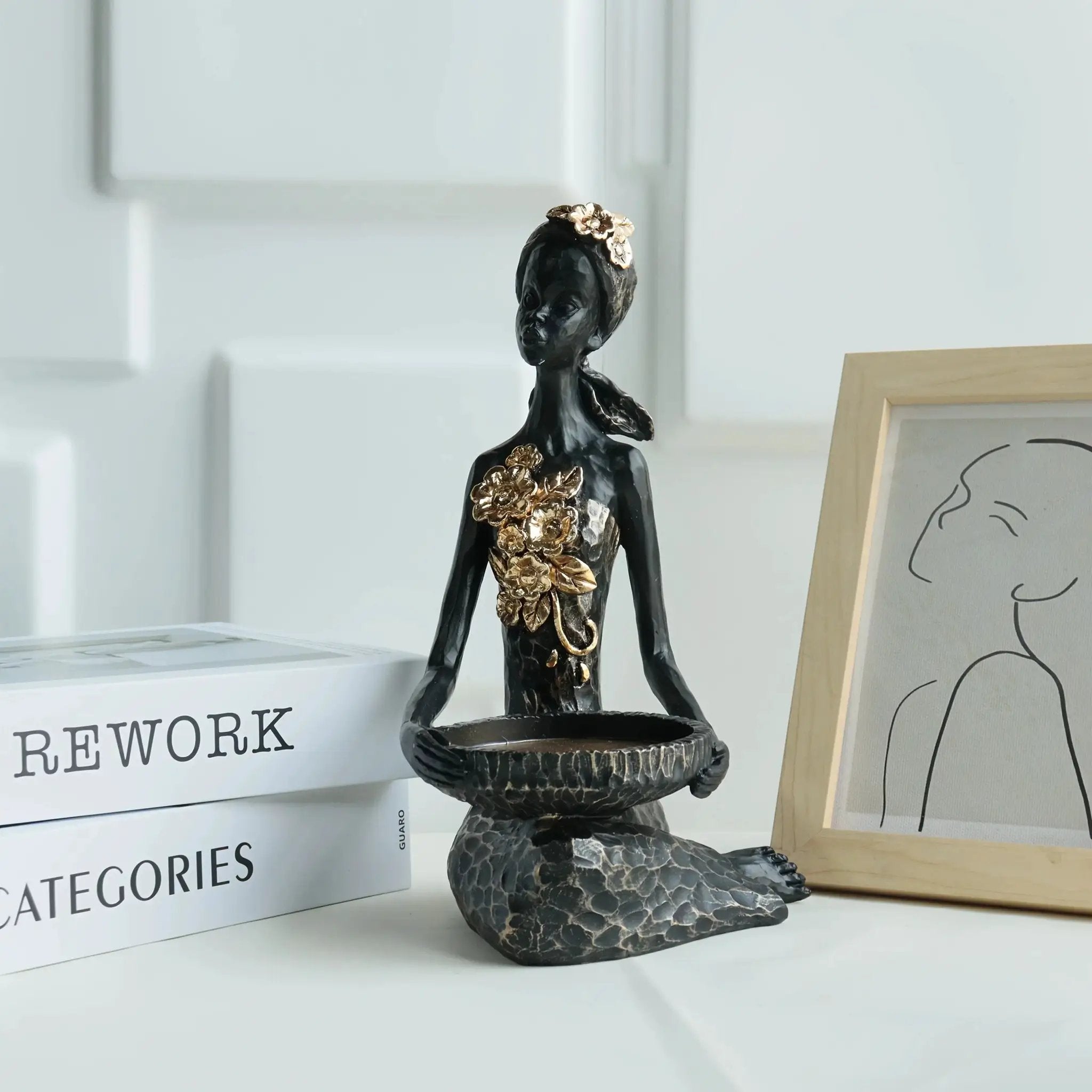 African Woman Figurine Bowl Holder Decorative Statue by House Of Avana