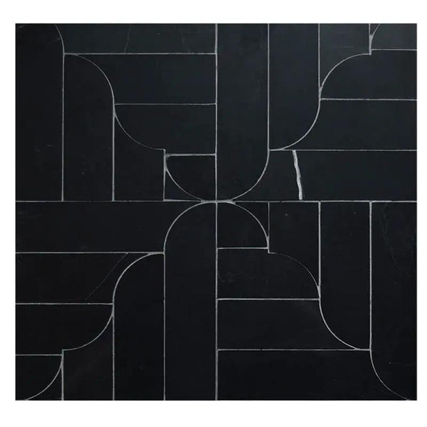 Black Honed Desing Bm 104 Waterjet Marble Mosaics 12x12