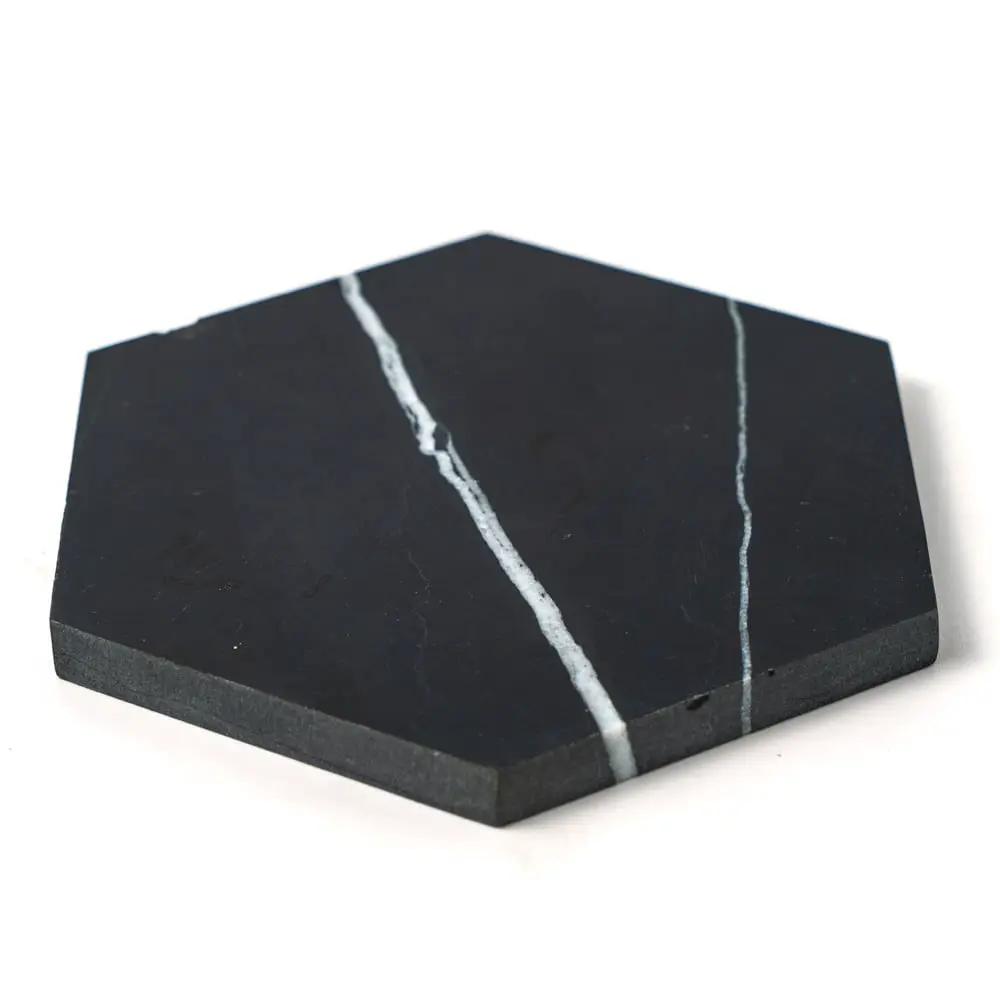 Black Honed Hexagon Marble Tiles 5 25/32x5 closeup 2