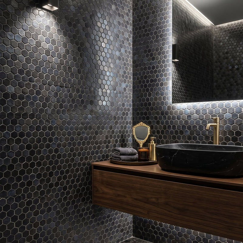 Black Polished Hexagon Blend Glass Mosaics 11 3/4x11 1/2 Glass Polished 12x12 Mosaics — 2
