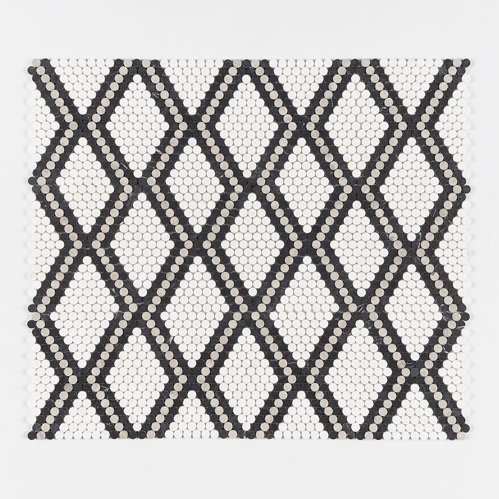 Black, Thala Gray, Bianco Dolomiti Honed Penny Round Diamond 1 Marble Mosaics 11 27/64x10 15/64 Marble Honed 12x12 Mosaics — 1