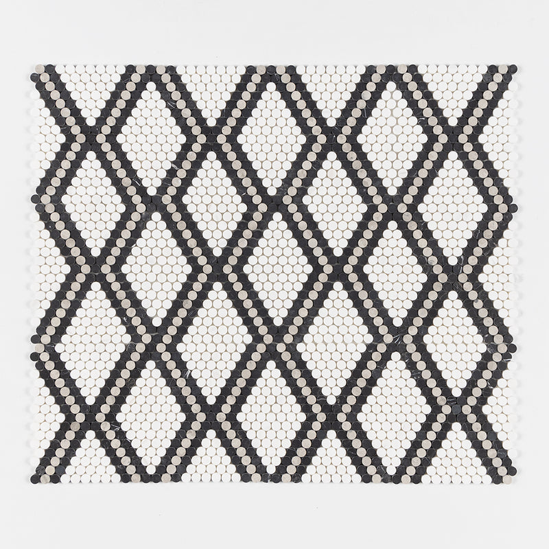 Black, Thala Gray, Bianco Dolomiti Honed Penny Round Diamond 1 Marble Mosaics 11 27/64x10 15/64 Marble Honed 12x12 Mosaics — 1