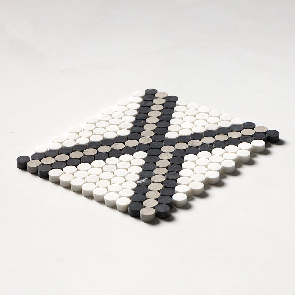 Black, Thala Gray, Bianco Dolomiti Honed Penny Round Diamond 1 Marble Mosaics 11 27/64x10 15/64 Marble Honed 12x12 Mosaics — 2