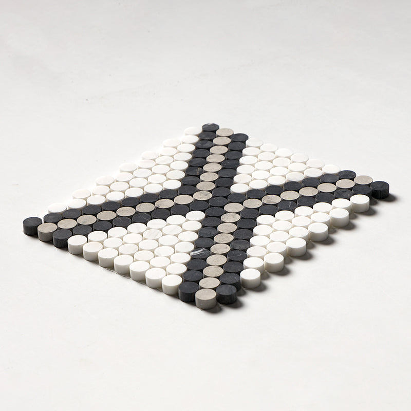 Black, Thala Gray, Bianco Dolomiti Honed Penny Round Diamond 1 Marble Mosaics 11 27/64x10 15/64 Marble Honed 12x12 Mosaics — 2
