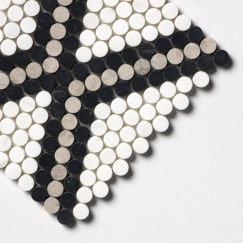 Black, Thala Gray, Bianco Dolomiti Honed Penny Round Diamond 1 Marble Mosaics 11 27/64x10 15/64 Marble Honed 12x12 Mosaics — 3