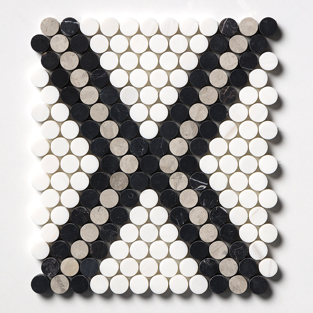 Black, Thala Gray, Bianco Dolomiti Honed Penny Round Diamond 1 Marble Mosaics 11 27/64x10 15/64 Marble Honed 12x12 Mosaics