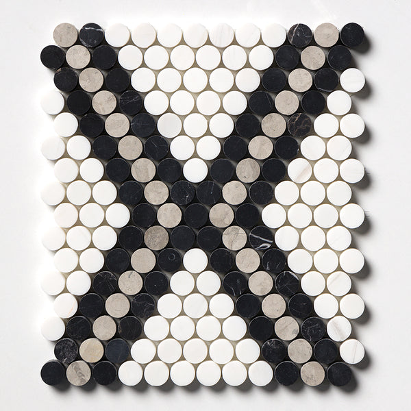 Black, Thala Gray, Bianco Dolomiti Honed Penny Round Diamond 1 Marble Mosaics 11 27/64x10 15/64