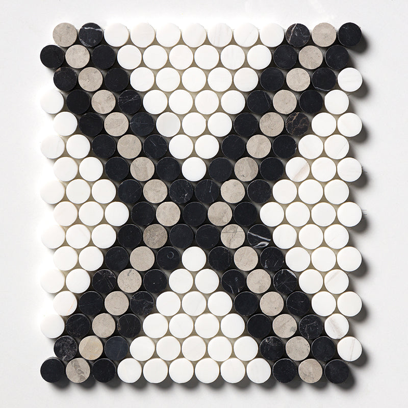 Black, Thala Gray, Bianco Dolomiti Honed Penny Round Diamond 1 Marble Mosaics 11 27/64x10 15/64 Marble Honed 12x12 Mosaics