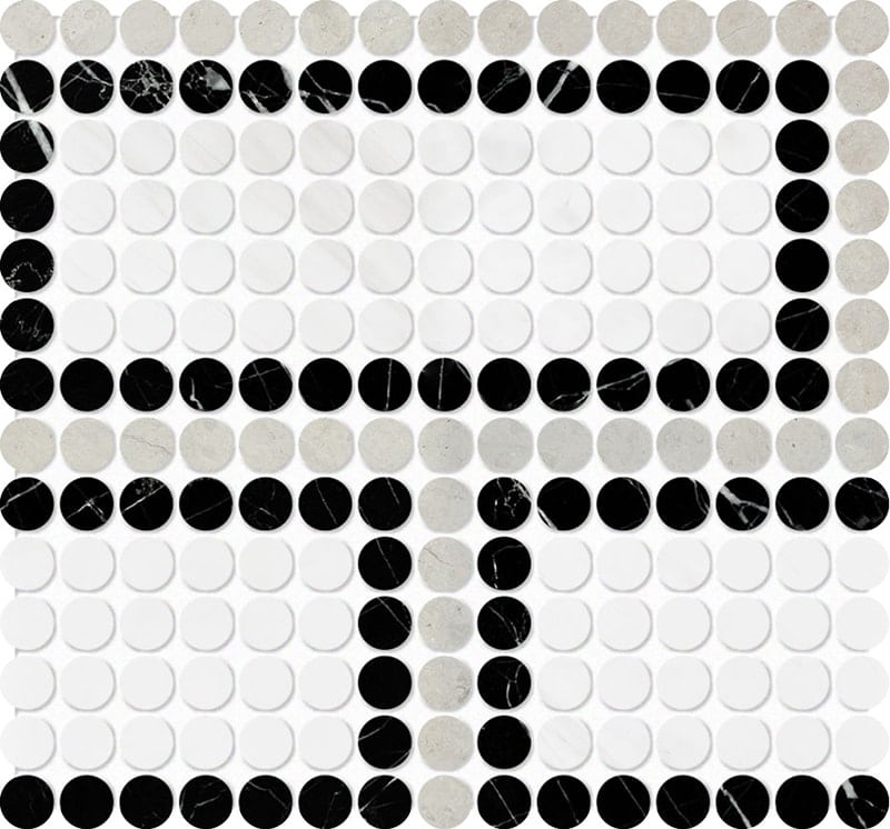 Black, Thala Gray, Bianco Dolomiti Honed Penny Round Offset 1 Marble Mosaics 11 1/32x12 13/64 Marble Honed 12x12 Mosaics