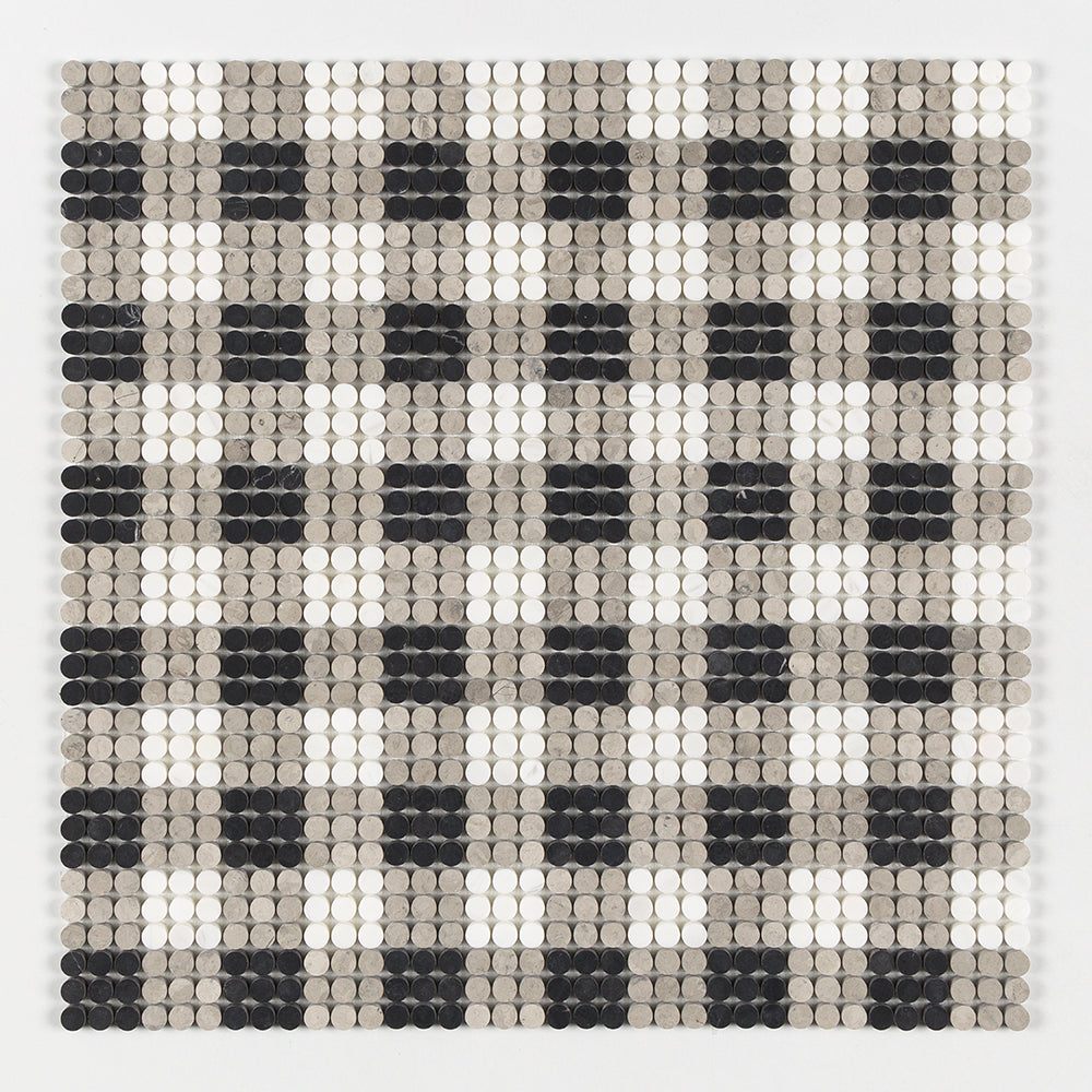 Black, Thala Gray, Bianco Dolomiti Honed Penny Round Plaid 1 Marble Mosaics 9 27/32x9 27/32 Marble Honed 12x12 Mosaics — 1