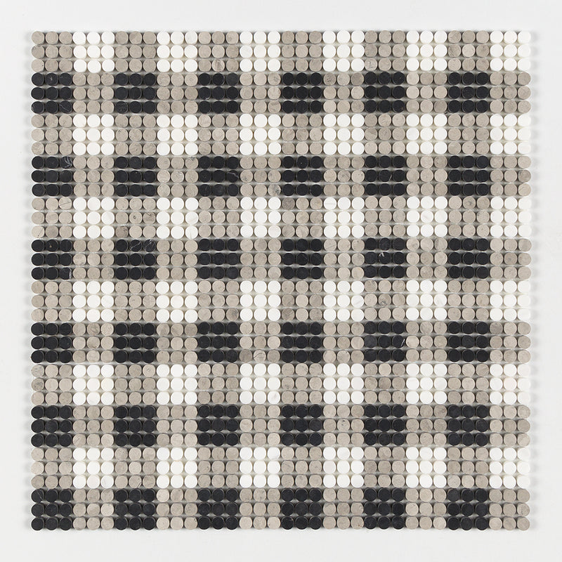 Black, Thala Gray, Bianco Dolomiti Honed Penny Round Plaid 1 Marble Mosaics 9 27/32x9 27/32 Marble Honed 12x12 Mosaics — 1