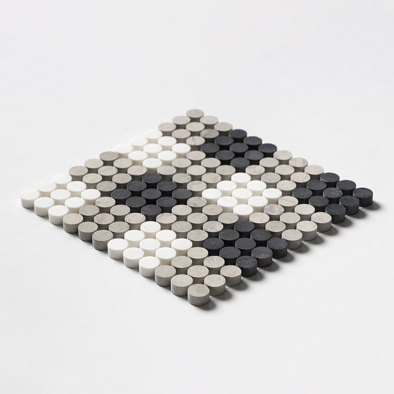 Black, Thala Gray, Bianco Dolomiti Honed Penny Round Plaid 1 Marble Mosaics 9 27/32x9 27/32 Marble Honed 12x12 Mosaics — 2