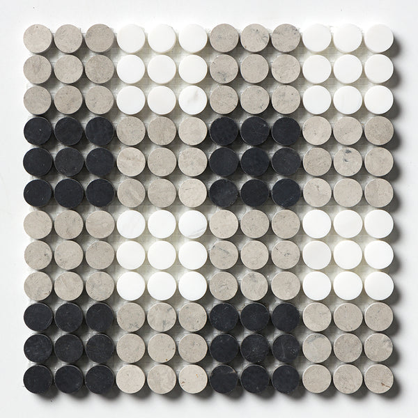 Black, Thala Gray, Bianco Dolomiti Honed Penny Round Plaid 1 Marble Mosaics 9 27/32x9 27/32