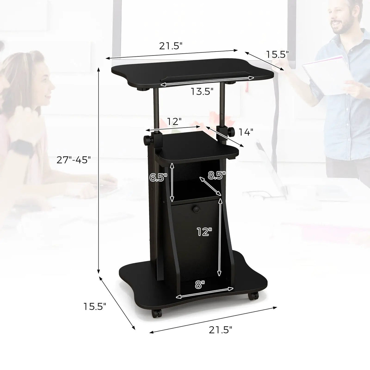 Adjustable Mobile Standing Desk Cart with Tilt Desktop and Cabinet, photo 5 of 9